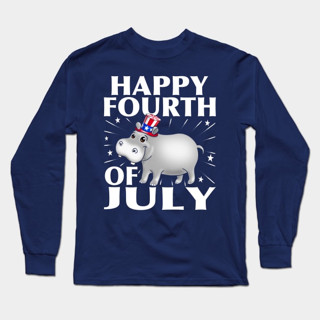 Happy 4th of July USA Patriotic Hippo Long Sleeve T-Shirt by PnJ